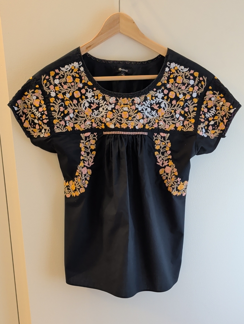 Madewell Black Embroidered Floral Peasant Blouse